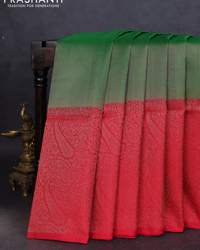 Pure soft silk saree green and red with allover zari woven brocade weaves and zari woven border