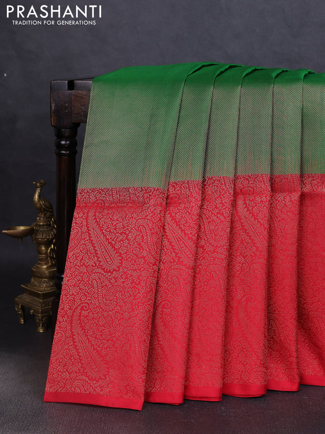 Pure soft silk saree green and red with allover zari woven brocade weaves and zari woven border