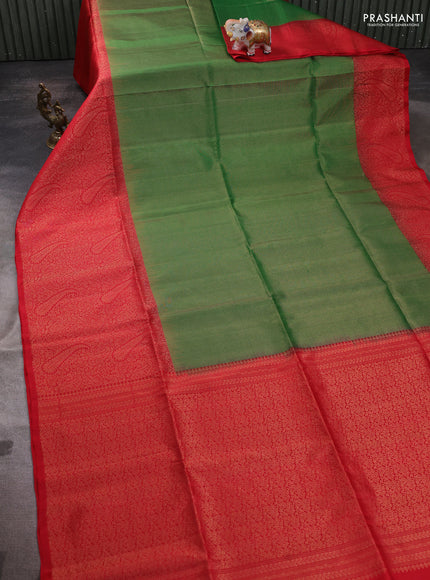 Pure soft silk saree green and red with allover zari woven brocade weaves and zari woven border
