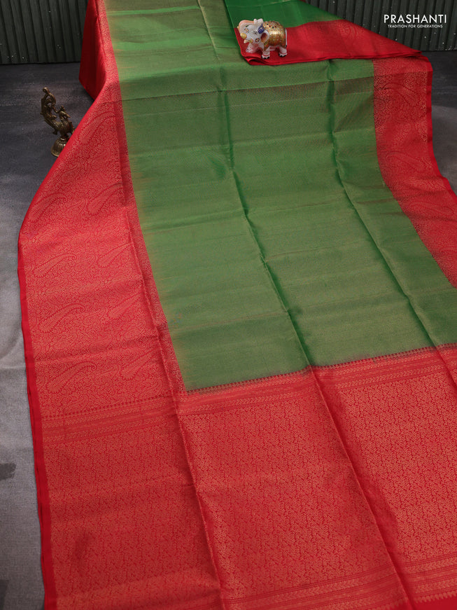 Pure soft silk saree green and red with allover zari woven brocade weaves and zari woven border