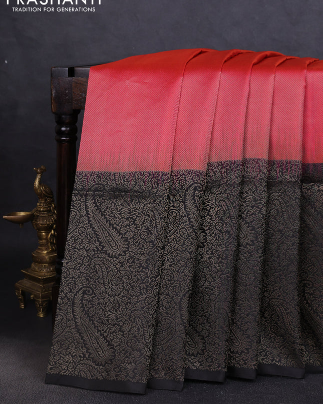 Pure soft silk saree dual shade of pinkish orange and black with allover zari woven brocade weaves and zari woven border
