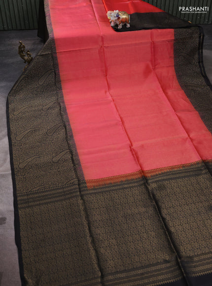 Pure soft silk saree dual shade of pinkish orange and black with allover zari woven brocade weaves and zari woven border