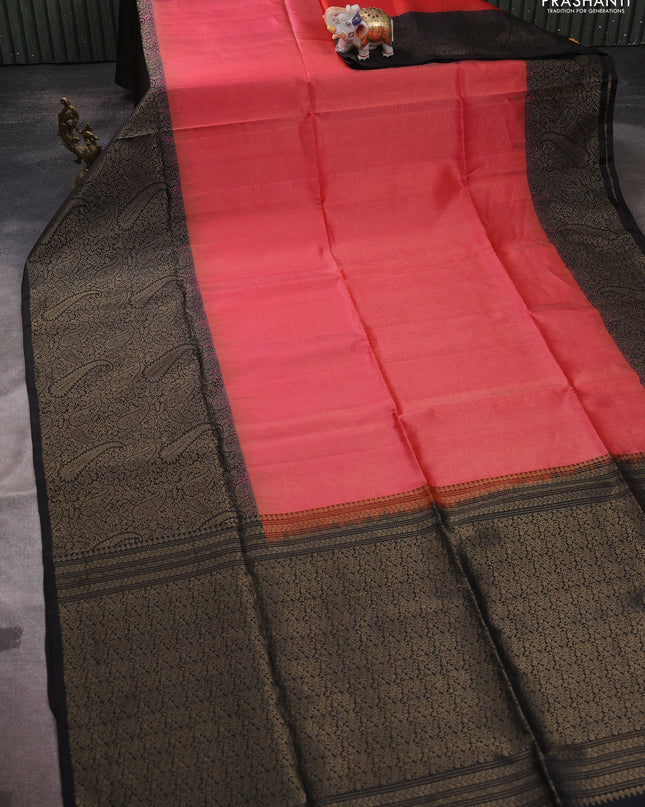 Pure soft silk saree dual shade of pinkish orange and black with allover zari woven brocade weaves and zari woven border