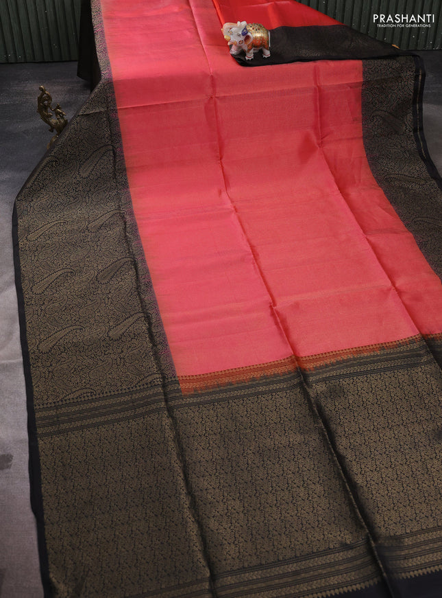 Pure soft silk saree dual shade of pinkish orange and black with allover zari woven brocade weaves and zari woven border