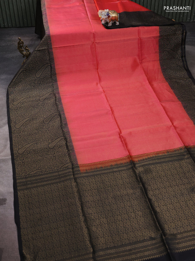 Pure soft silk saree dual shade of pinkish orange and black with allover zari woven brocade weaves and zari woven border