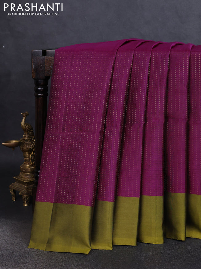 Pure soft silk saree purple and mehendi green with allover zari weaves and simple border