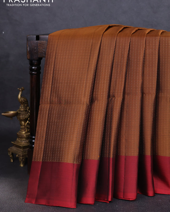 Pure soft silk saree dark mustard and maroon with allover zari weaves and simple border