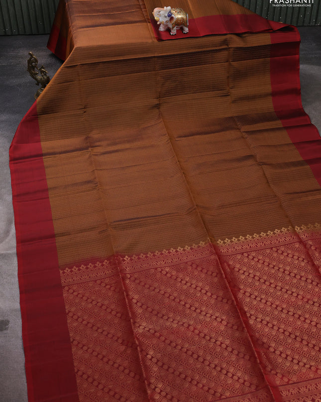 Pure soft silk saree dark mustard and maroon with allover zari weaves and simple border