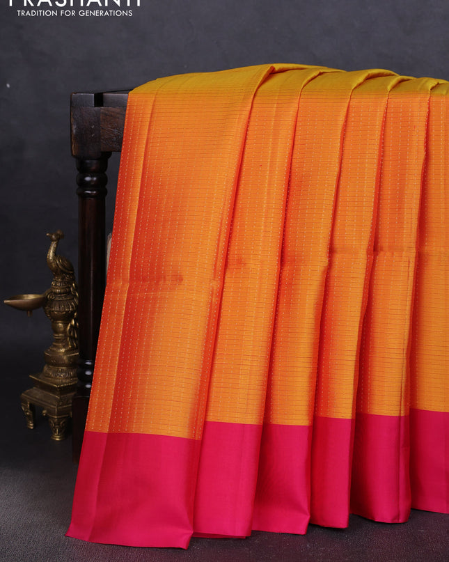 Pure soft silk saree mustard yellow and pink with allover zari weaves and simple border