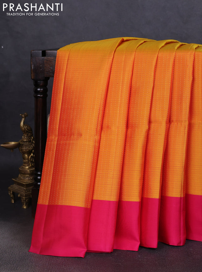 Pure soft silk saree mustard yellow and pink with allover zari weaves and simple border