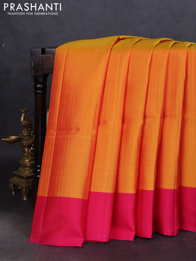 Pure soft silk saree mustard yellow and pink with allover zari weaves and simple border