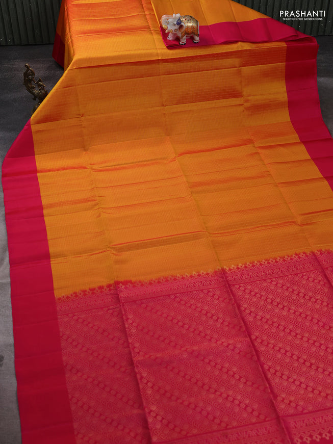 Pure soft silk saree mustard yellow and pink with allover zari weaves and simple border