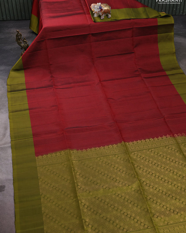 Pure soft silk saree maroon and mehendi green with allover zari weaves and simple border