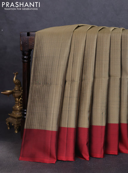 Pure soft silk saree chikku shade and maroon with allover zari weaves and simple border
