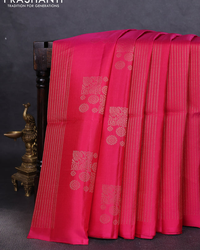 Pure soft silk saree pink and brown with allover zari weaves in borderless style