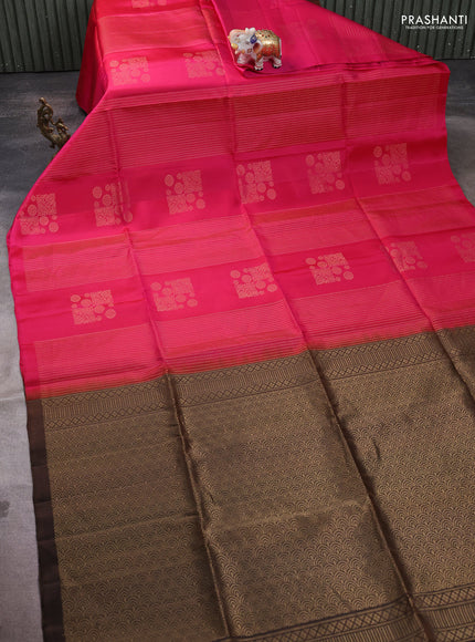 Pure soft silk saree pink and brown with allover zari weaves in borderless style