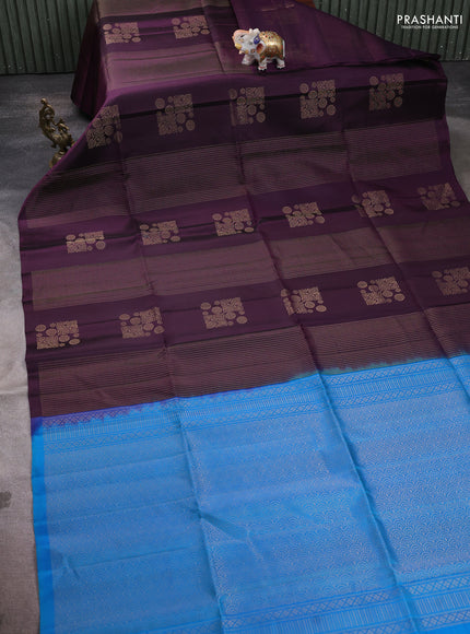 Pure soft silk saree deep wine and cs blue with allover zari weaves in borderless style