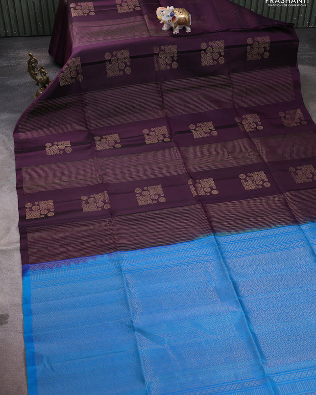Pure soft silk saree deep wine and cs blue with allover zari weaves in borderless style