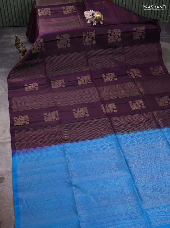 Pure soft silk saree deep wine and cs blue with allover zari weaves in borderless style