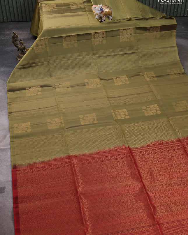 Pure soft silk saree elaichi green and maroon with allover zari weaves in borderless style