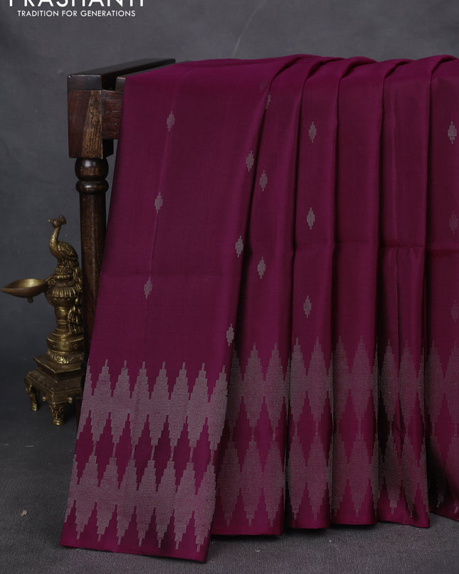 Pure soft silk saree dark magenta pink with silver zari woven buttas and silver zari woven border