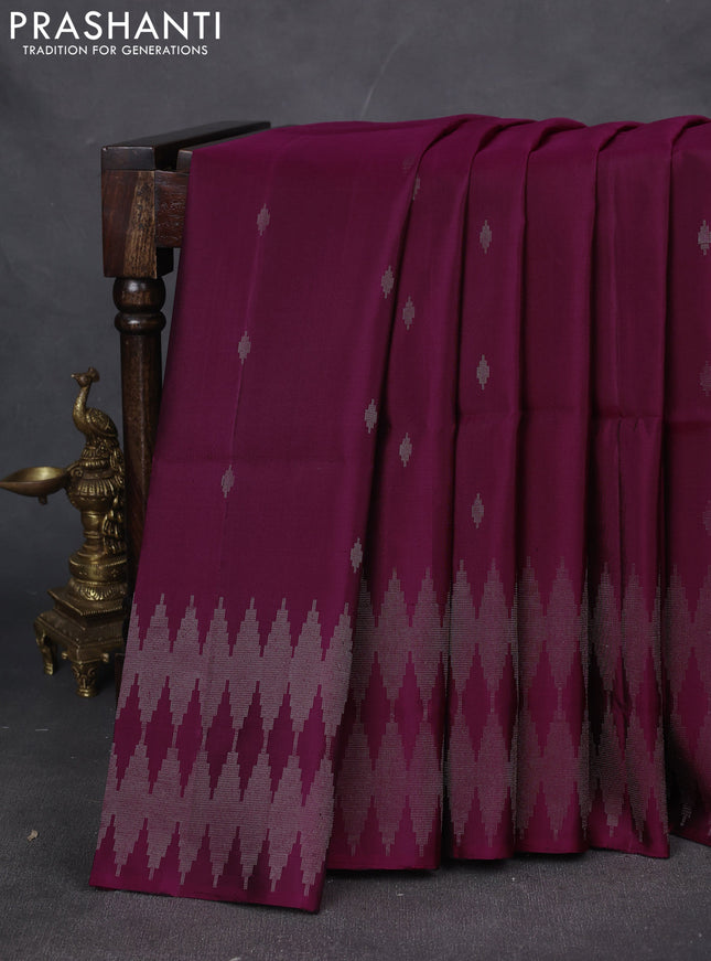 Pure soft silk saree dark magenta pink with silver zari woven buttas and silver zari woven border