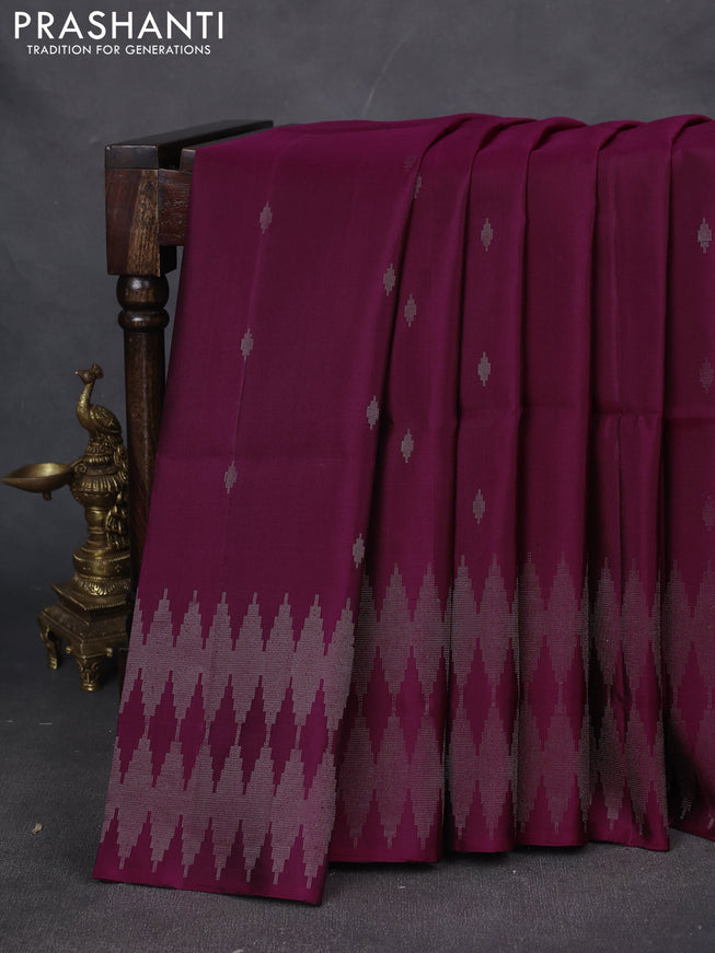 Pure soft silk saree dark magenta pink with silver zari woven buttas and silver zari woven border