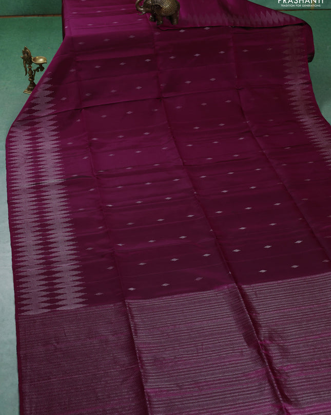 Pure soft silk saree dark magenta pink with silver zari woven buttas and silver zari woven border