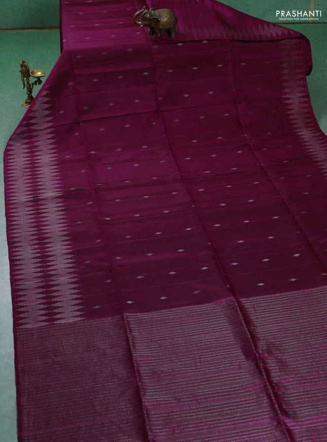 Pure soft silk saree dark magenta pink with silver zari woven buttas and silver zari woven border