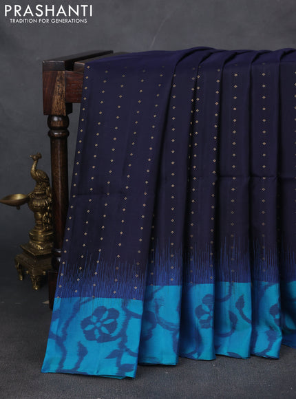 Pure soft silk saree navy blue and teal blue with zari woven buttas and ikat style border