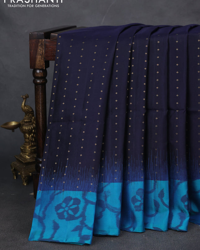 Pure soft silk saree navy blue and teal blue with zari woven buttas and ikat style border