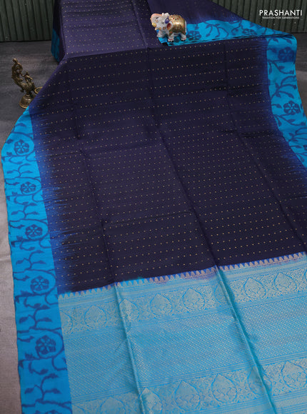 Pure soft silk saree navy blue and teal blue with zari woven buttas and ikat style border