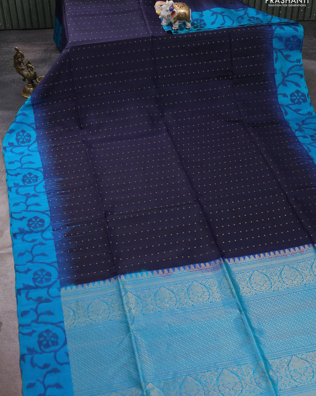 Pure soft silk saree navy blue and teal blue with zari woven buttas and ikat style border