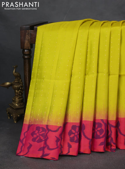 Pure soft silk saree lime yellow and dual shade of pinkish orange with zari woven buttas and ikat style border