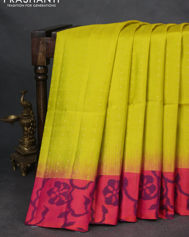 Pure soft silk saree lime yellow and dual shade of pinkish orange with zari woven buttas and ikat style border