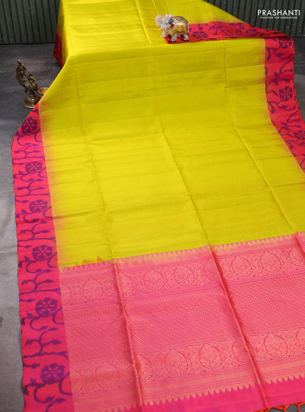 Pure soft silk saree lime yellow and dual shade of pinkish orange with zari woven buttas and ikat style border