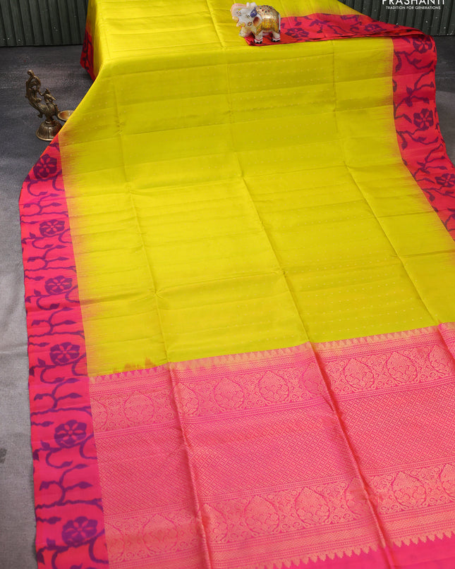 Pure soft silk saree lime yellow and dual shade of pinkish orange with zari woven buttas and ikat style border