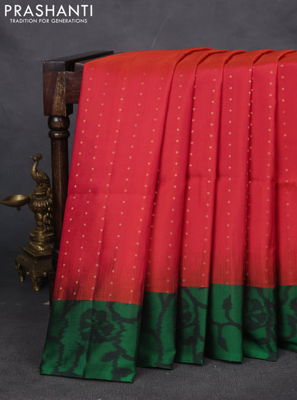 Pure soft silk saree dual shade of pinkish orange and green with zari woven buttas and ikat style border