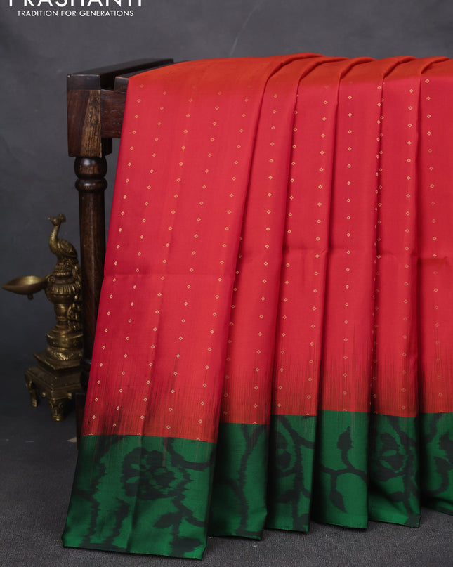 Pure soft silk saree dual shade of pinkish orange and green with zari woven buttas and ikat style border