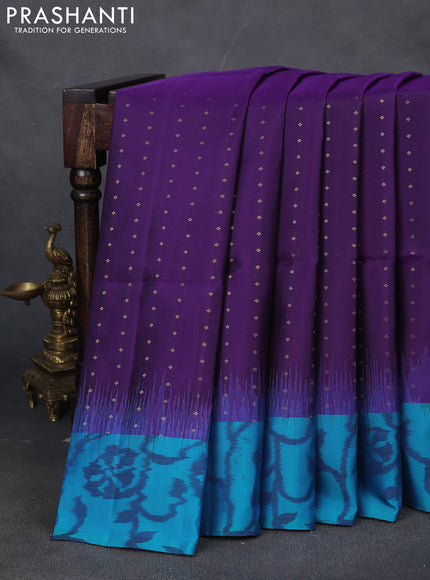 Pure soft silk saree violet and teal blue with zari woven buttas and ikat style border