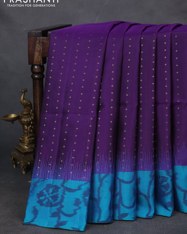 Pure soft silk saree violet and teal blue with zari woven buttas and ikat style border