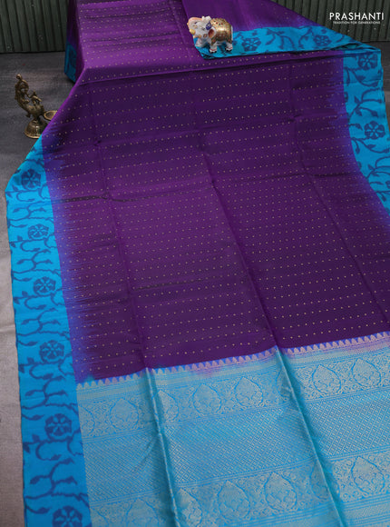 Pure soft silk saree violet and teal blue with zari woven buttas and ikat style border