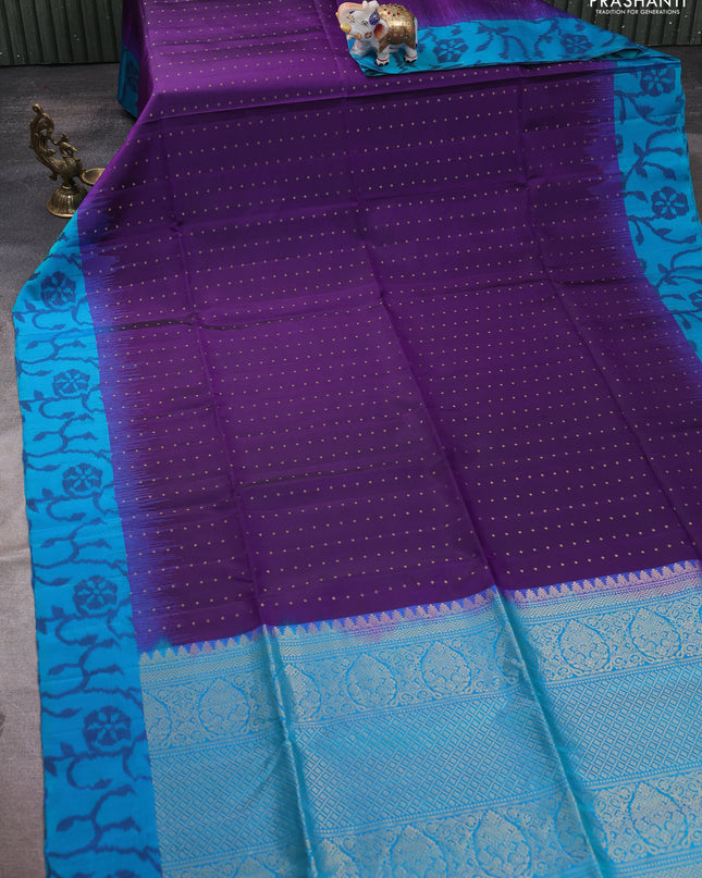 Pure soft silk saree violet and teal blue with zari woven buttas and ikat style border