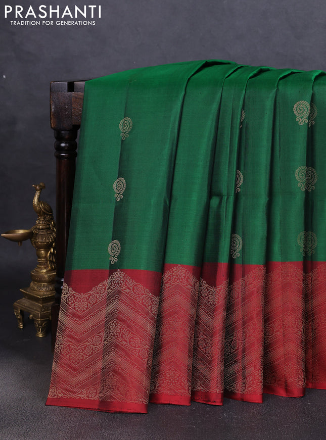 Pure soft silk saree green and maroon with zari woven buttas and zari woven border