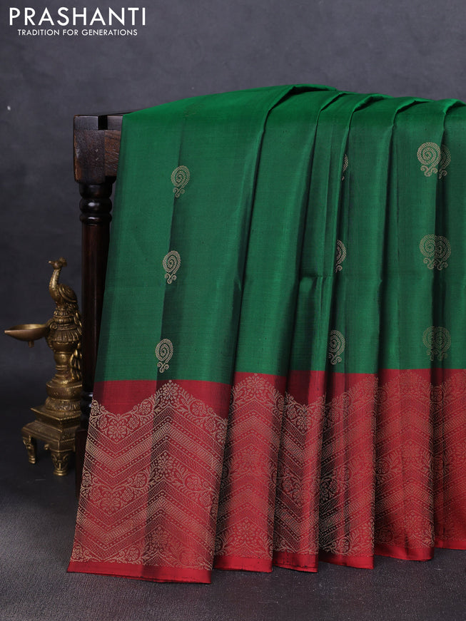 Pure soft silk saree green and maroon with zari woven buttas and zari woven border