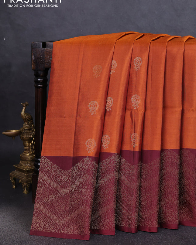 Pure soft silk saree rustic orange and maroon with zari woven buttas and zari woven border