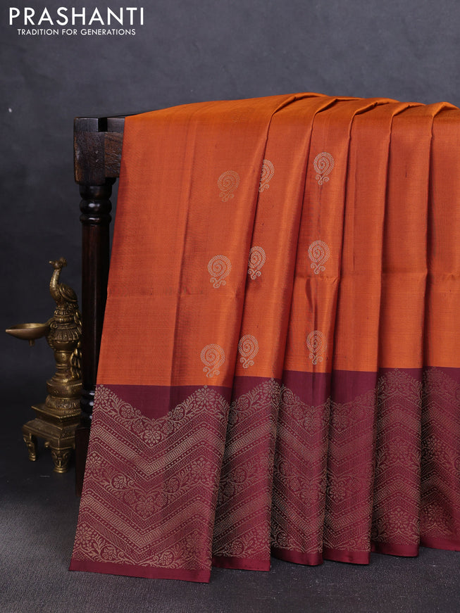 Pure soft silk saree rustic orange and maroon with zari woven buttas and zari woven border