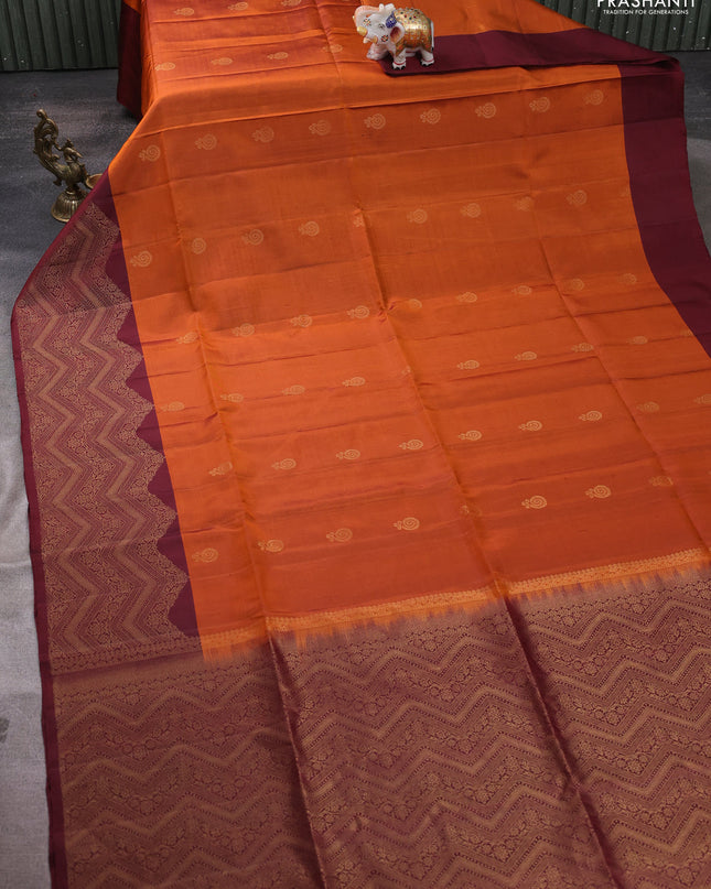Pure soft silk saree rustic orange and maroon with zari woven buttas and zari woven border