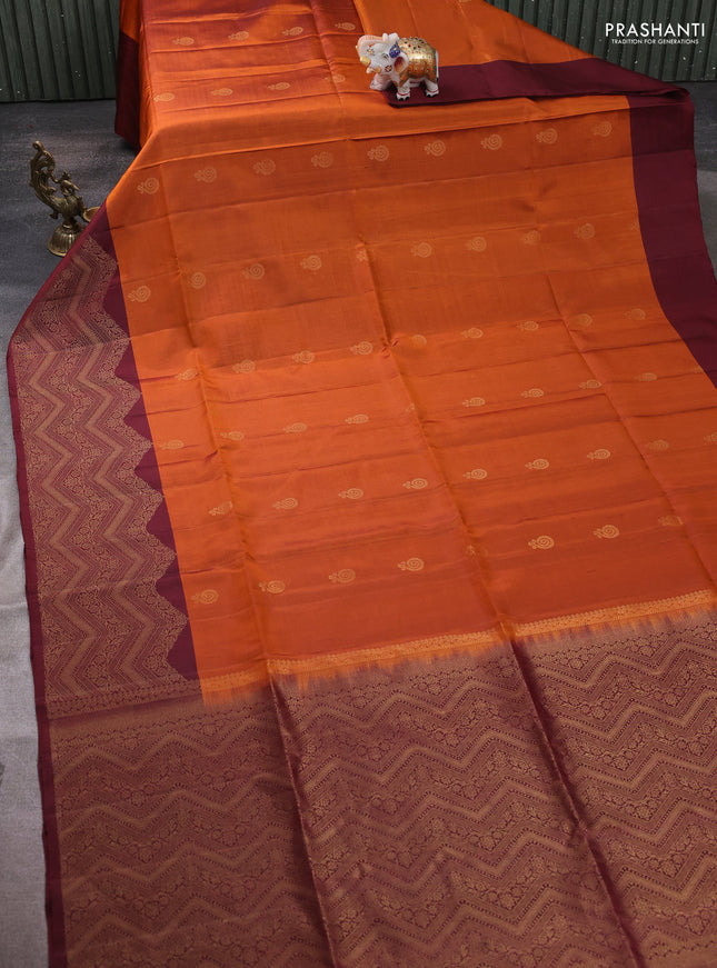 Pure soft silk saree rustic orange and maroon with zari woven buttas and zari woven border