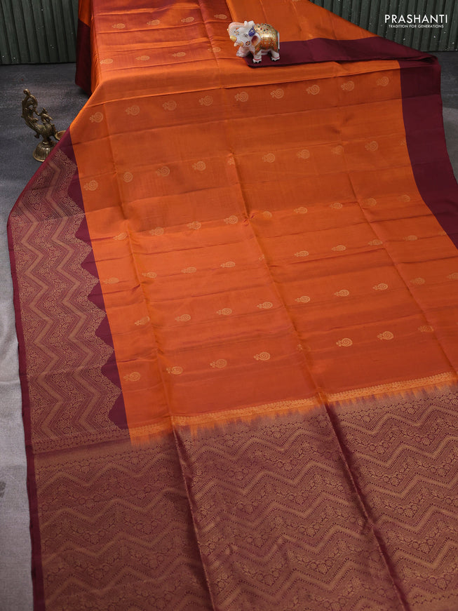 Pure soft silk saree rustic orange and maroon with zari woven buttas and zari woven border